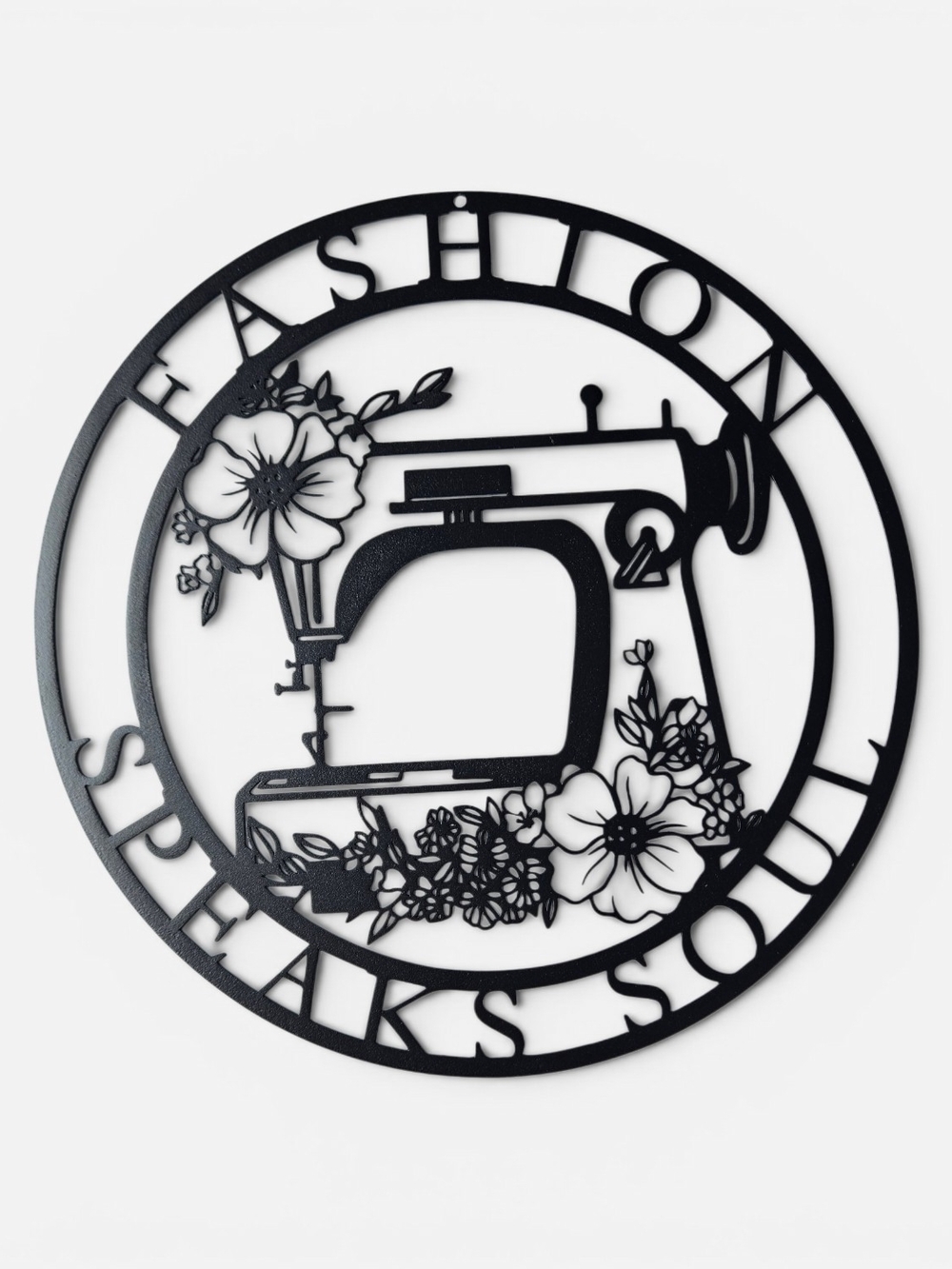 Black Floral Sewing Machine Wall Art, Metal Sewing Sign- 'Fashion Speaks Soul'